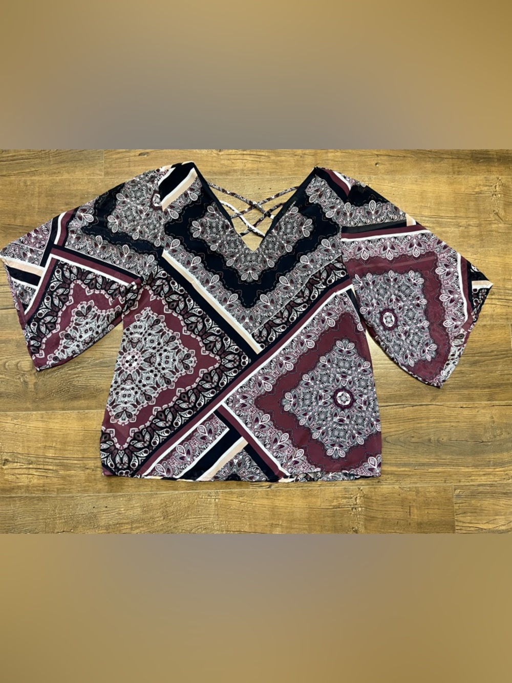 le chateau Burgundy and Black Paisley Crisscross V-Neck Blouse